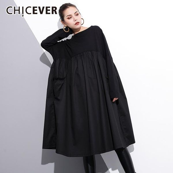 

casual dresses chicever loose black dress women's clothing round collar long sleeve fold pleated knee length solid female 2021 summer, Black;gray