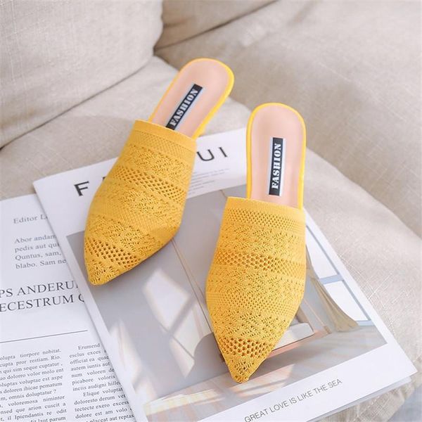 

slippers pointed toes woven knit fashion women half med heels stilettos mules loafer casual feminine slides sandalias shoes, Black