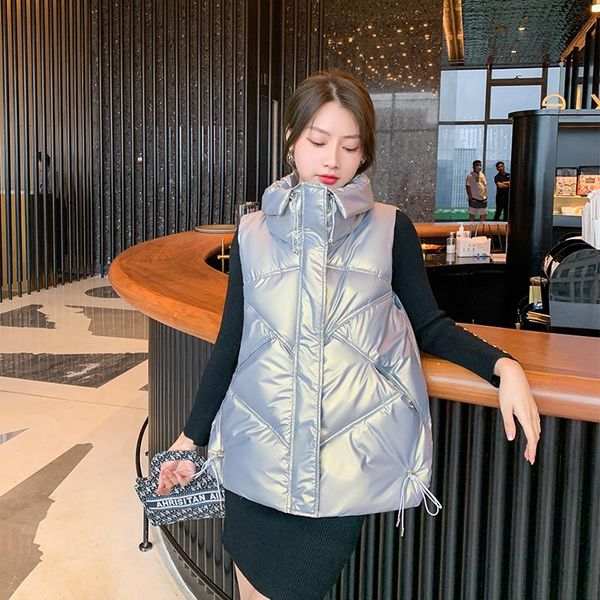 

women's vests sleeveless jacket turn down collar solid glossy ladies casual winter padded quilted zipper waistcoat for female, Black;white