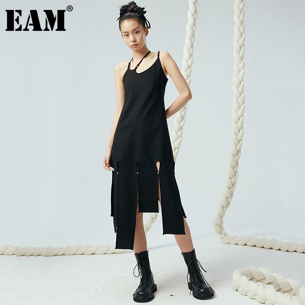 

[eam] women black asymmetrical hollow out backless dress round neck sleeveless loose fit fashion spring summer 1dd6219 21512, Black;gray