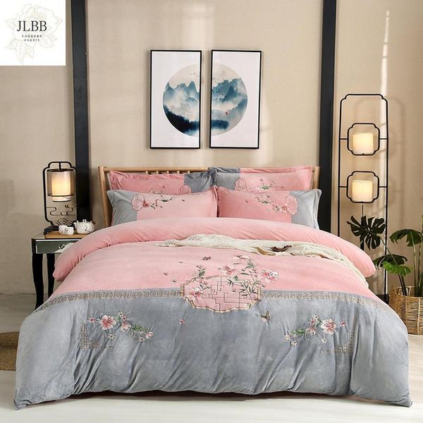 

bedding sets super soft warm cosy flannel velvet fleece chinese style flower embroidery set duvet cover flat/fitted sheet pillowcases