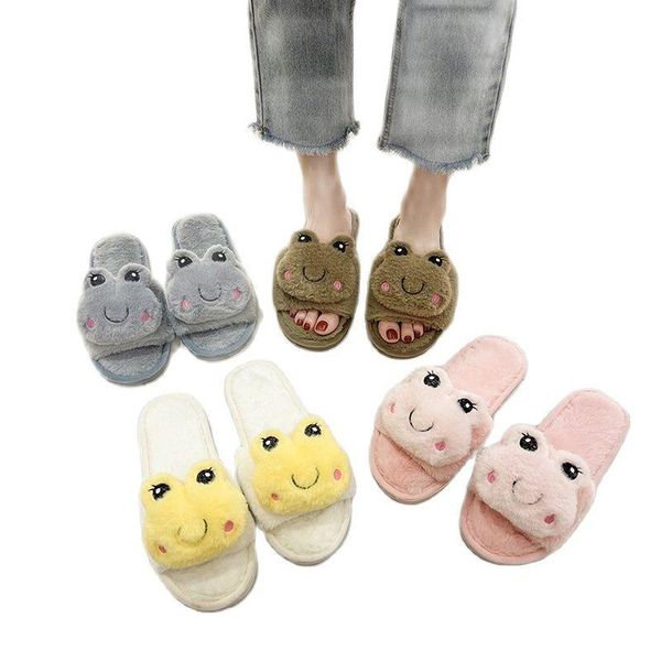 

slippers female shoes winter women warm plush home cute cartoon frog lady indoor flat flip flops casual soft non-slip, Black