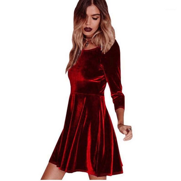 

fashion women swing hem velvet dress spring ladies party mini vestidos velour long sleeve slim red casual dresses, Black;gray