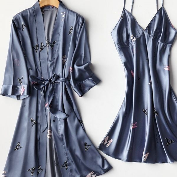 

women's sleepwear women robe set print flower two piece suit satin kimono bathrobe gown faux silk nightgown lounge wear linge, Black;red