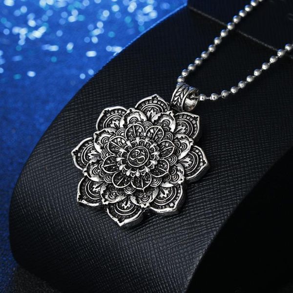 

pendant necklaces exquisite lotus flower hippie necklace vintage stainless steel mandala yoga spiritual mindfulness jewelry gift for her, Silver