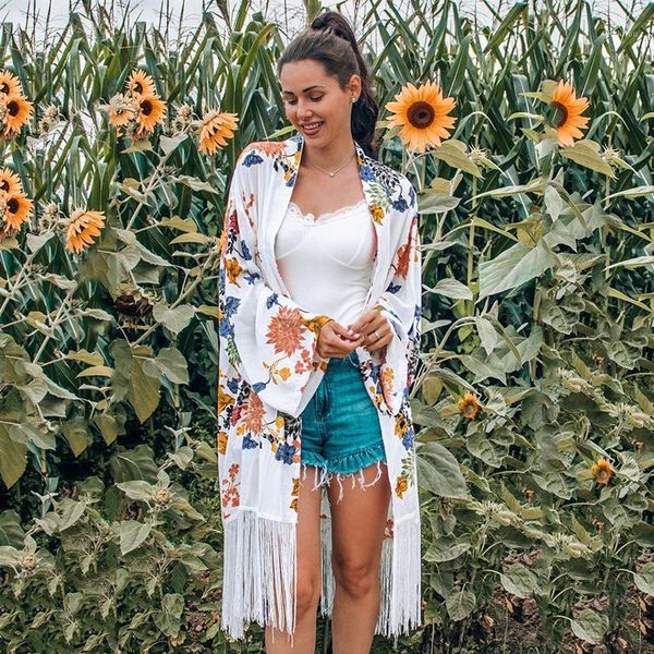 

spring summer cover up women casual loose chiffon print beachwear sunscreen shirt holiday tassel cardigan bikini chic dress 2021 women', White;black
