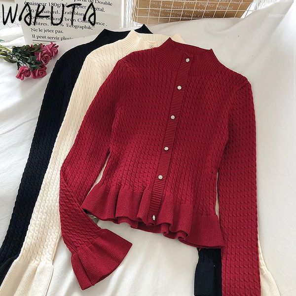 

chic knitting jumper women flare sleeve turtleneck slim ruffles hem short sweater coat autumn vintage cardigan 2021 femme1, White