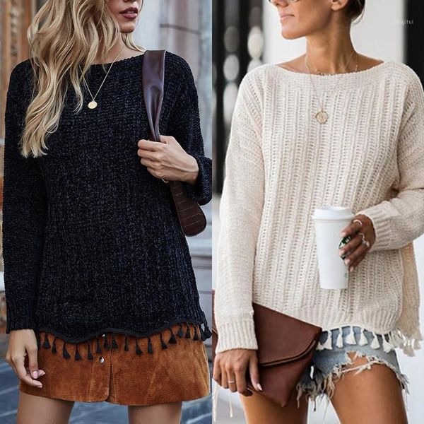 

women's sweaters fashion casual round neck long sleeve loose tassel sweater knitted sweate striped stitching pullover, White;black