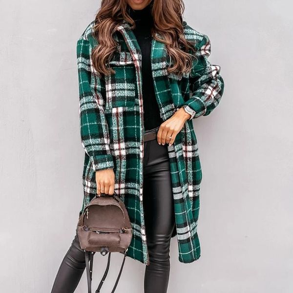 

women's wool & blends autumn winter women long-sleeved plaid printed shirt jacket fashion loose turn down collar single-breasted long c, Black