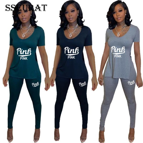 

women set letter print short sleeve t-shirt sheath elastic full length pants two piece summer casual outfits women's, White