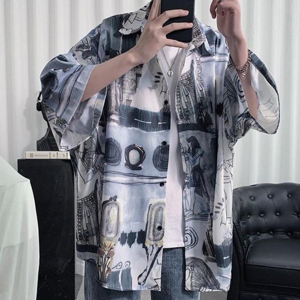

summer ice silk breathable printed shirt men's korean fashion loose casual streetwear social short-sleeved men shirts, White;black