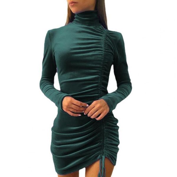 

women's swimwear bodycon dress women autumn winter plus size drawstring turtleneck slim solid color long sleeve ladies short streetwear, White;black