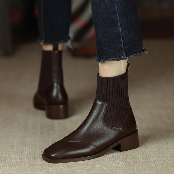 

boots concise genuine leather shoes woman knitting patchtwork female ankle fashion party basic high heels, Black