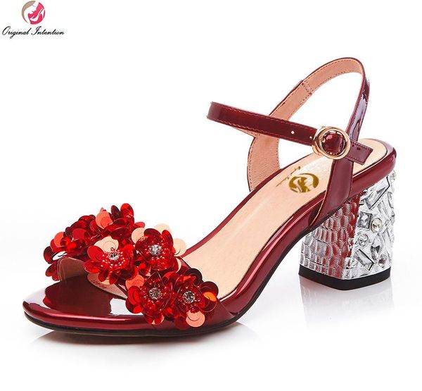 

original intention women sandals genuine leather open toe square heels silver wine red shoes woman plus us size 3-.5, Black