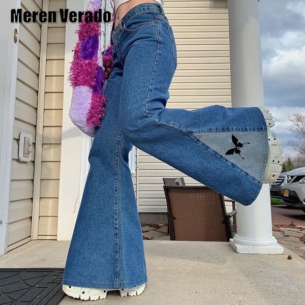 

jeans women high waist casual wide leg baggy mom denim trouser streetwear butterfly patchwork flare pants meren verado women's, Blue