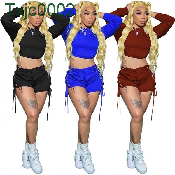 

women two piece pant set designer 2022 spring summer hooded pullover long sleeve and lace-up shorts jogging suit 3 colours, Gray