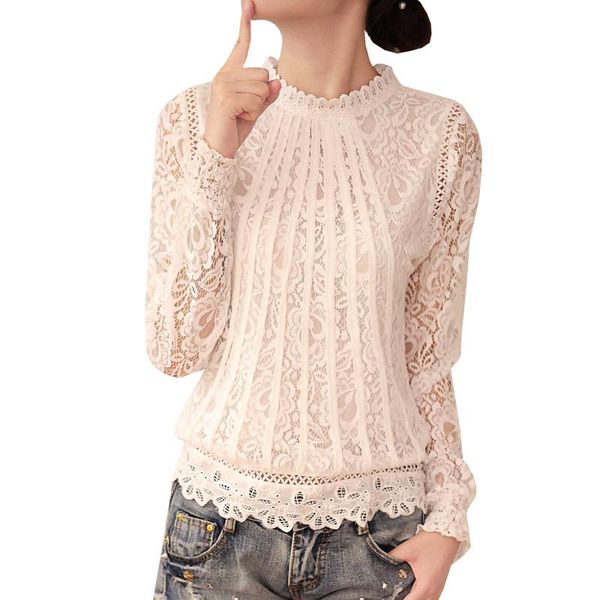 

women's blouses & shirts 2021 summer autumn women blouse casual hollow out white lace ladies long sleeve blusas plus size 3xl ab879
