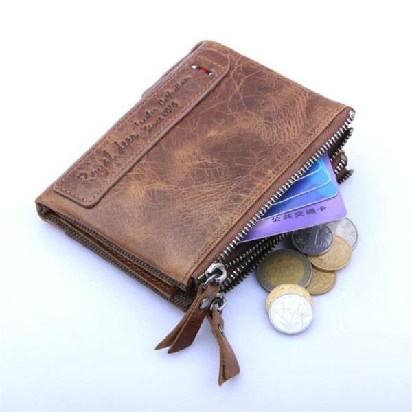 

wallets 100% crazy horse genuine leather men credit business card holders double zipper cowhide wallet purse carteira, Red;black