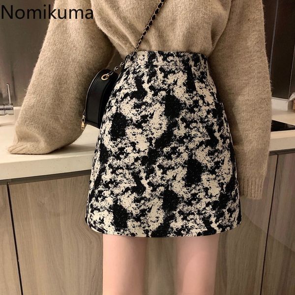 

nomikuma vintage printed mini skirts women autumn korean fashion high waist a line skirt lady faldas mujer streetwear 3d328 210514, Black