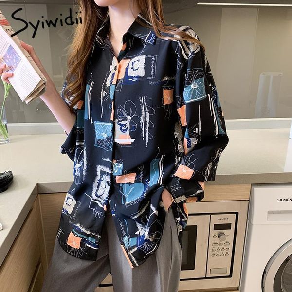 

syiwidii button up shirt women long sleeve blouse print plus size ladies black white vintage chiffon fashion clothes 210417