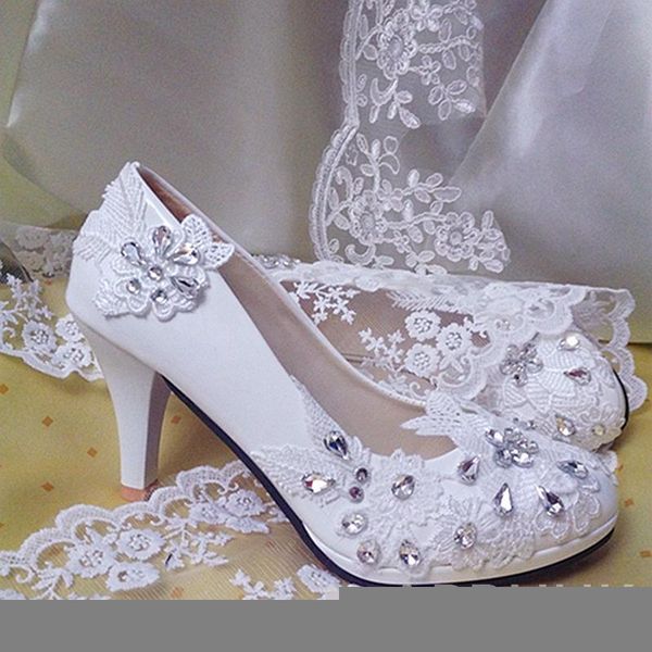 

dress shoes 9cm high heels lace crystal wedding pumps bride luxury silver rhinestones white bridal plus size platforms shoe, Black