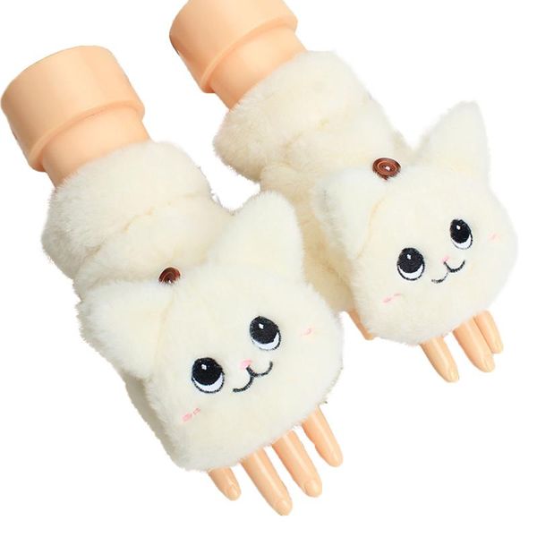 

five fingers gloves meihuida 2021 fashion warm soft fur knit mittens women flip half finger plush thick cute cat touch screen, Blue;gray