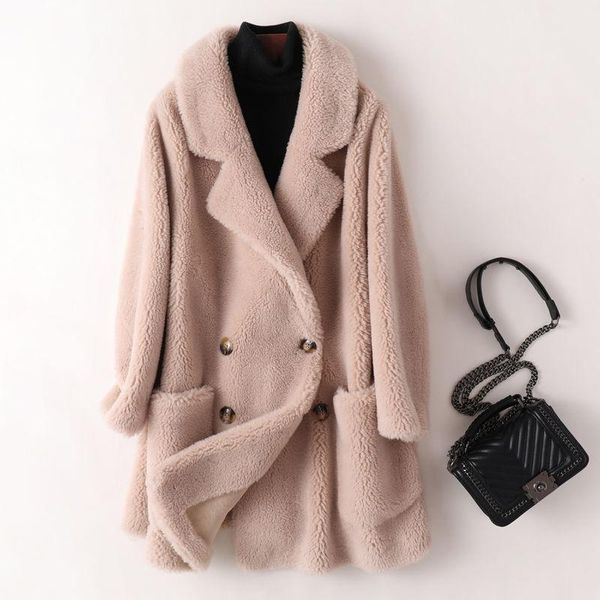 

women's fur & faux woman knitted real coat overcoat female jacket with turn down collar winter ladies thick long-sleeve q253, Black