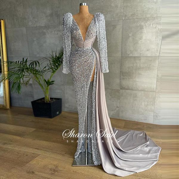 

party dresses luxury beaded gray mermaid arabic evening dress long sleeve v-neck high slit dubai prom for women wedding, White;black