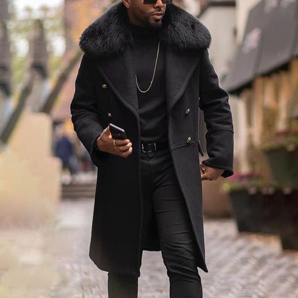 

men's wool & blends fashion mens woolen coat 2021 autumn winter casual double breasted brown long sleeve fur collar overcoat jacket, Black