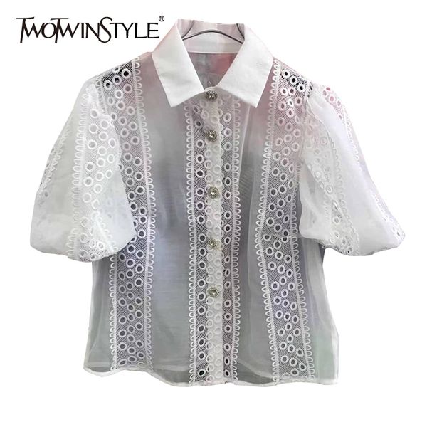 

hollow out chiffon shirt for women lapel puff sleeve casual elegant blouse female fashion clothing stylish 210423, White