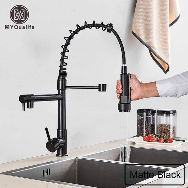 Spring Pull Down Miscelatore da cucina nero opaco Rubinetto montato sul ponte Doppio beccuccio Rubinetti per gru lavello da cucina Spruzzatore portatile Soffione doccia 210724