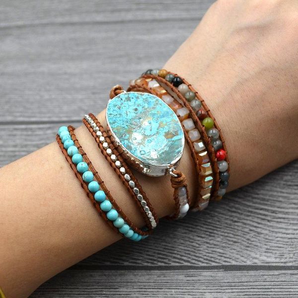 

tennis unique mixed natural stones gilded stone charm bohemian layered strands leather wrap bracelets handmade women boho bracelet, Golden;silver