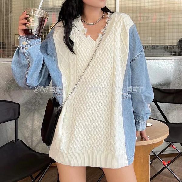 

women's sweaters [ewq] 2021 autumn korea loose drawstring waist closing denim splicing fake two piece knitting sweater women tide 16e43, White;black