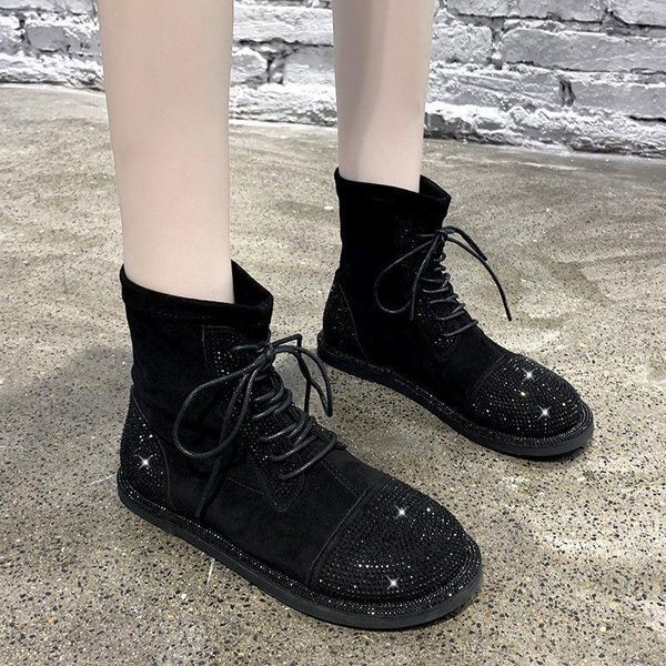 

boots 2021 spring female british wind drill decoration fashion short, Black