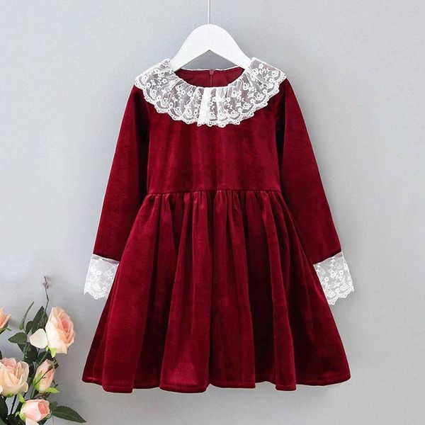 

girl's dresses girls autumn fall lace collar velet long sleeve wine red christmas kids clothes e2113 71zg, Red;yellow