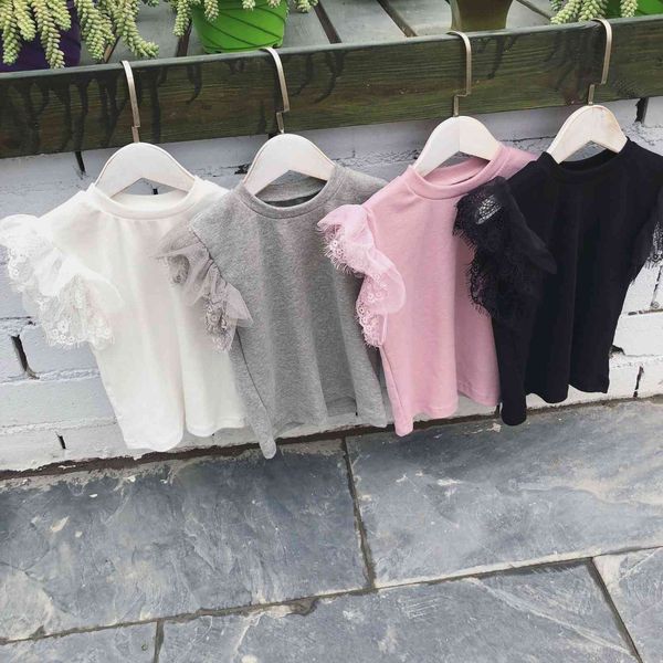 

short sleeved girl's lace t-shirt jacket female baby in summer pure color fairy t coat girl clothes 210515, Blue