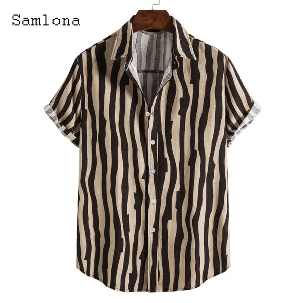 

men's casual shirts 2021 summer short sleeve striped men lapel neck skinny linen shirt open stitch blouse streetwear clothing, White;black