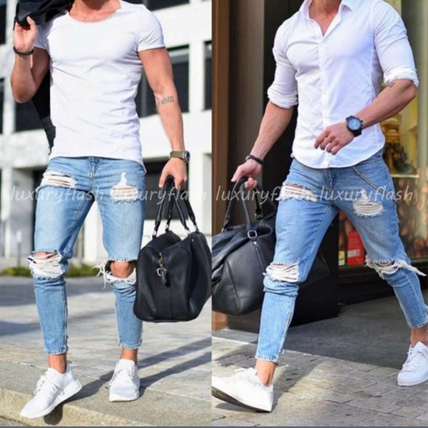 

fashion casual men's jeans slim water mill big hole pencil pants street hip hop designer torn wind fashion casual pants trousers, Blue