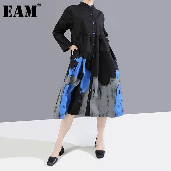 

casual dresses [eam] women pattern printed black long dress stand collar sleeve loose fit fashion spring autumn 2021 1dd2299, Black;gray