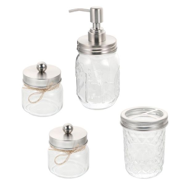 

bath accessory set 1 of 4pcs transparent mason jars storage bottles (silver)