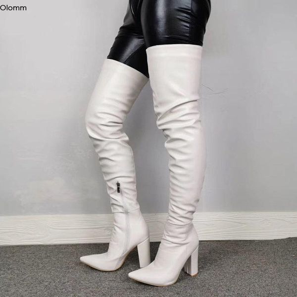 

boots olomm 2021 handmade women over the knee square high heels pointed toe white club dress shoes plus us size 5-15, Black
