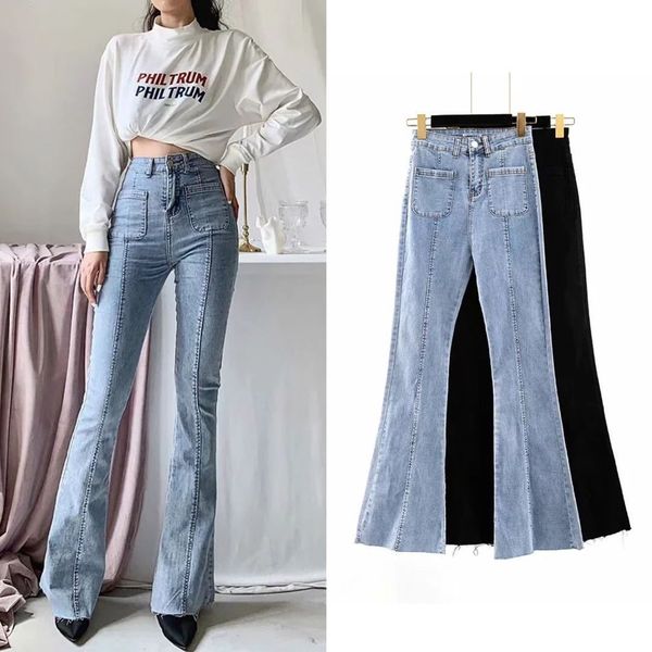 

women's jeans elegant style high waist leg long stretch flared pants stitching pocket personalized lace jeans, Blue