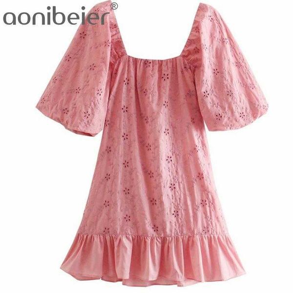 

women summer embroidered za vintage short puff sleeve openwork mini pink woman chic elastic embroidery dress 210604, Black;gray