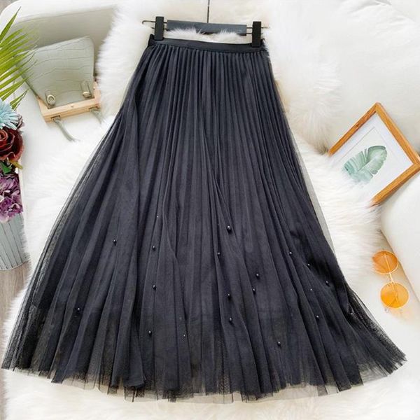 

skirts 2021 harajuku korean skirt elastic high waist a line beading tulle preppy style young girl vintage long maxi pleated, Black