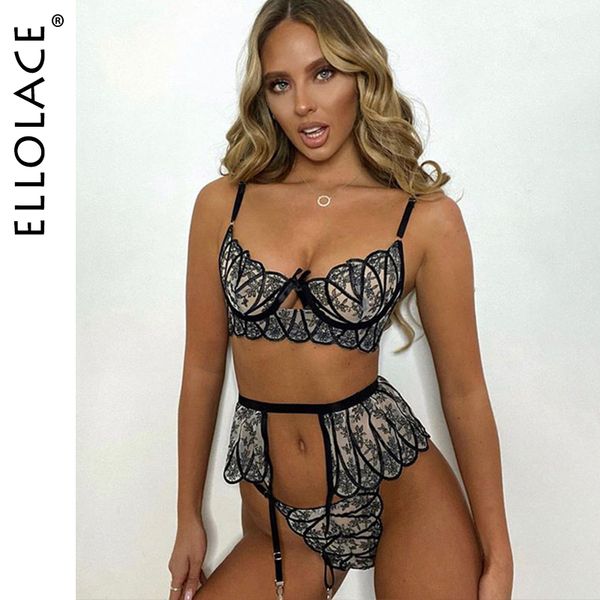 

embroidery lingerie set womens underwear lace see through bra 3 piece set female lingeries underwire bra set 2021, Black;white