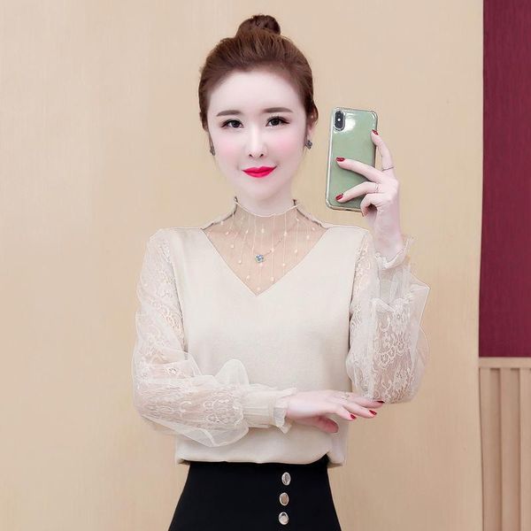 

women's t-shirt lace bottoming shirt spring and autumn long-sleeved 2021 western fashion hollow mesh lantern sleeve top, White