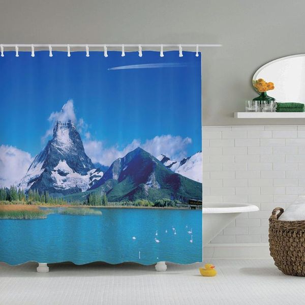 

modern shower curtain set with hooks blue nature themed design stylish relaxing waterproof thick durable curtains