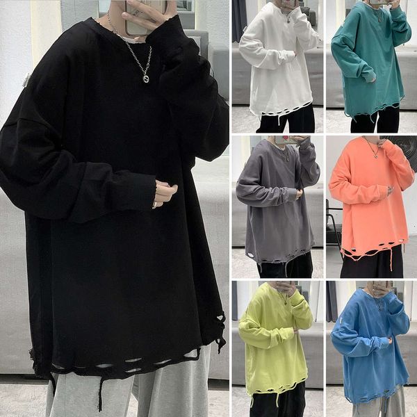 

men's hoodies & sweatshirts sweater autumn fashion lovers' pullover solid color round neck casual hole loose version 95b6, Black