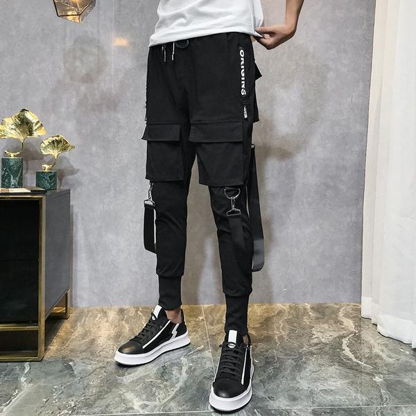 

men's fashion pants streetwear overalls black harem ribbons pockets hip hop jogger casual trousers 2021