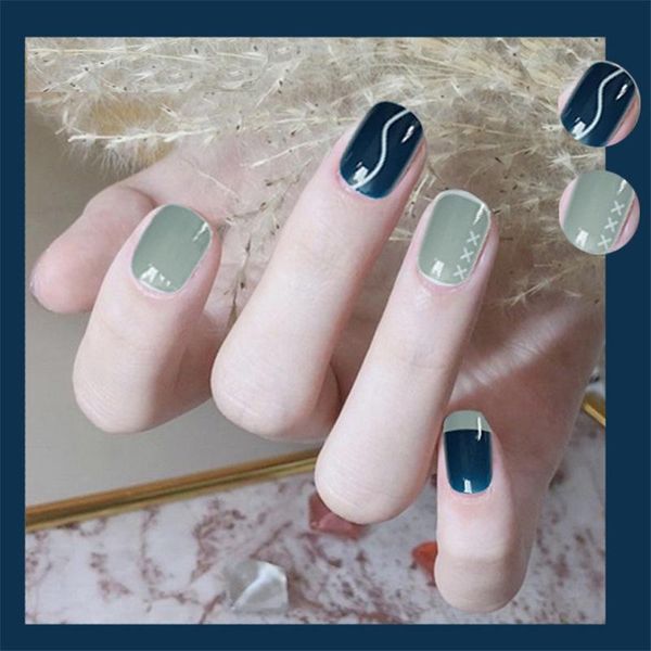 

false nails 24pcs green and blue ripple long lasting short fully covered nail decoration accessories fashion diy manicure, Red;gold